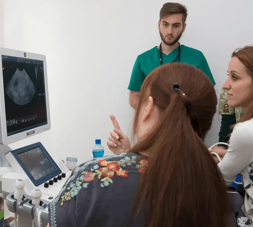 Doctors reviewing an ultrasound image on a monitor.